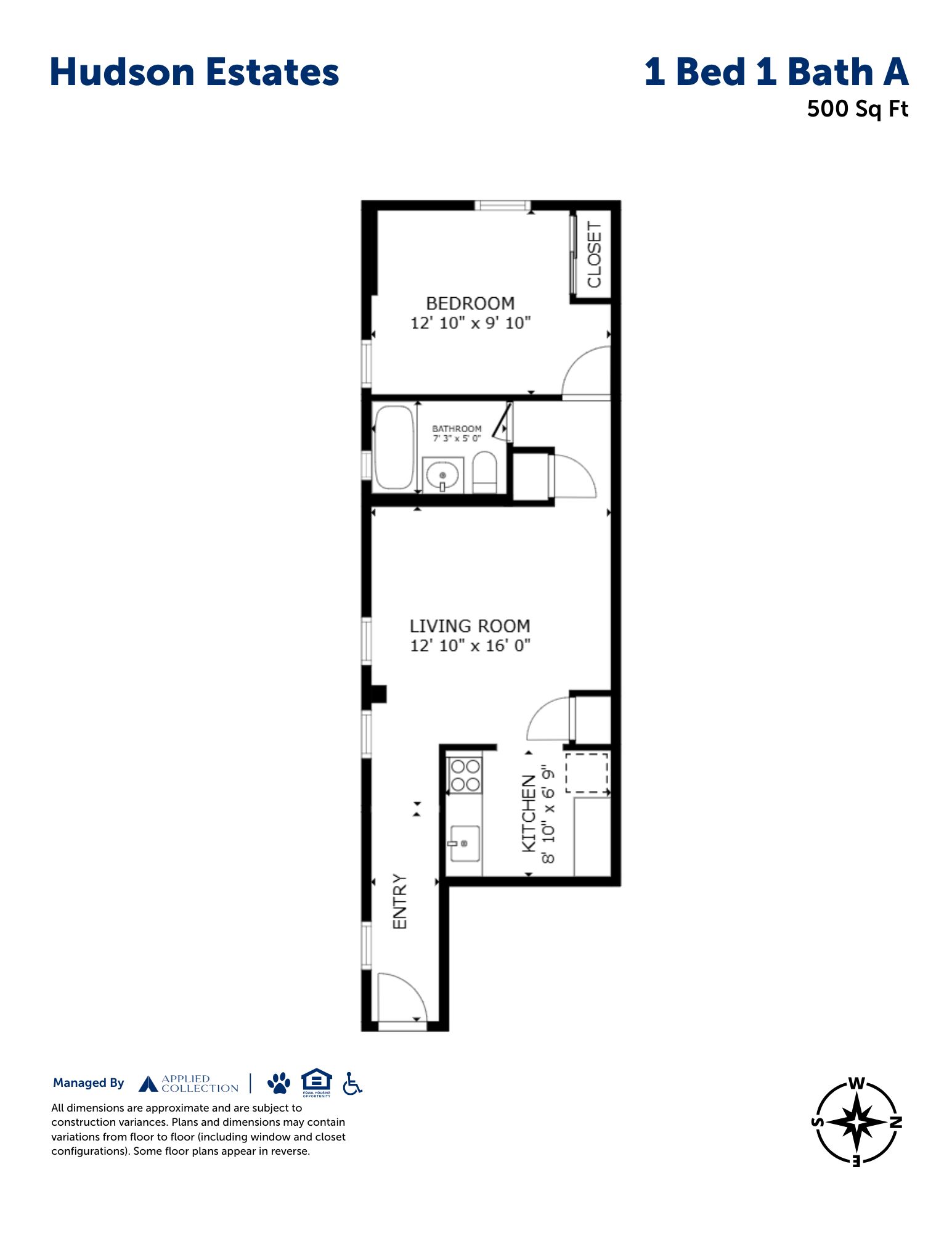 Floor plan for 1 bed, 1 bath, 500 sqft